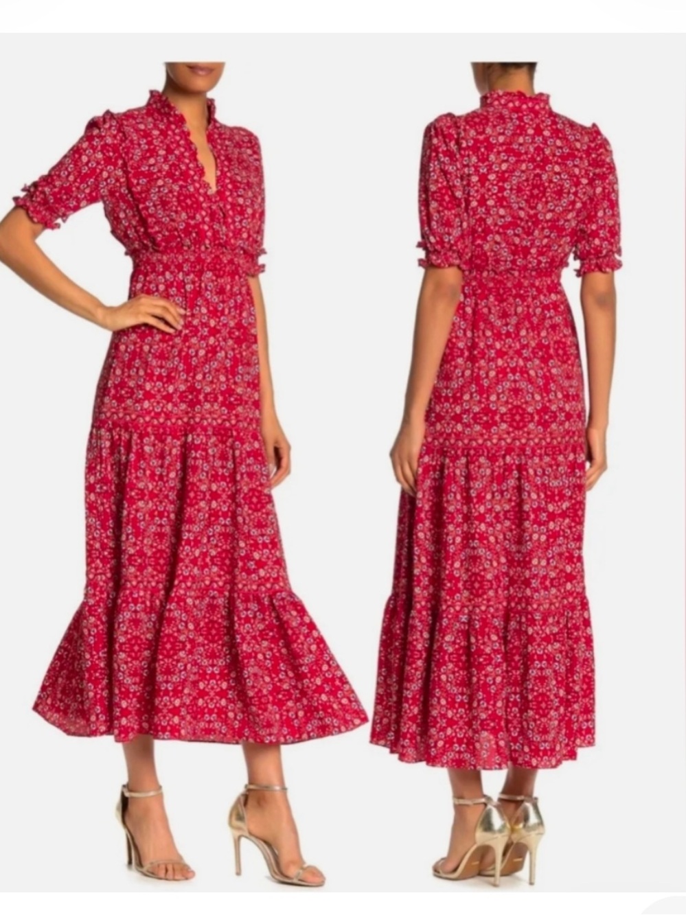 Max Studio Red Tiered Ditsy Floral Maxi Dress V Neck Collar